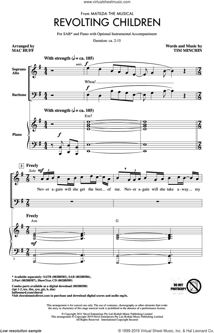Revolting Children (from Matilda: The Musical) (arr. Mac Huff) sheet music for choir (SAB: soprano, alto, bass) by Tim Minchin and Mac Huff, intermediate skill level