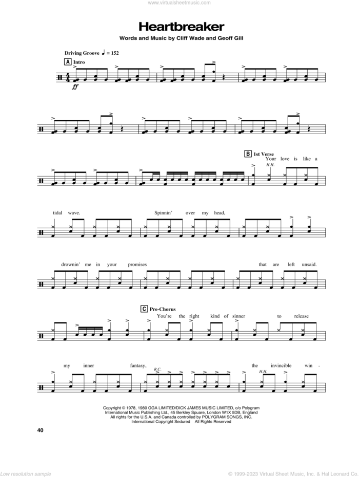Heartbreaker sheet music for drums by Pat Benatar, Cliff Wade and Geoff Gill, intermediate skill level