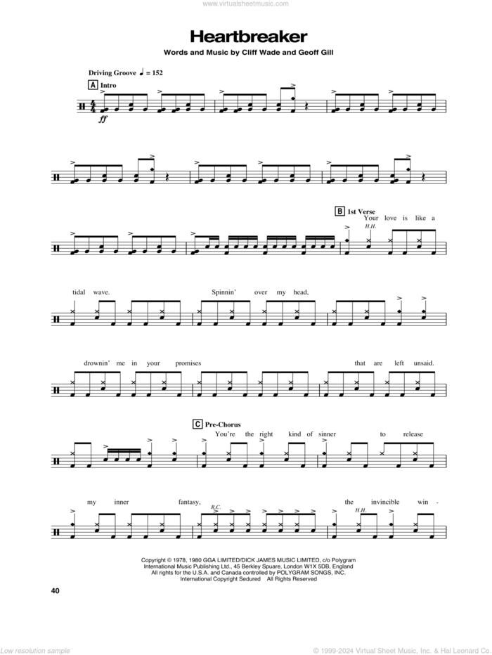 Heartbreaker sheet music for drums by Pat Benatar, Cliff Wade and Geoff Gill, intermediate skill level