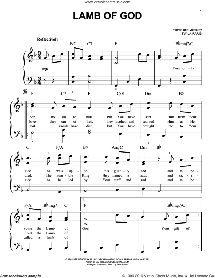 Lamb Of God sheet music for piano solo by Twila Paris, beginner skill level