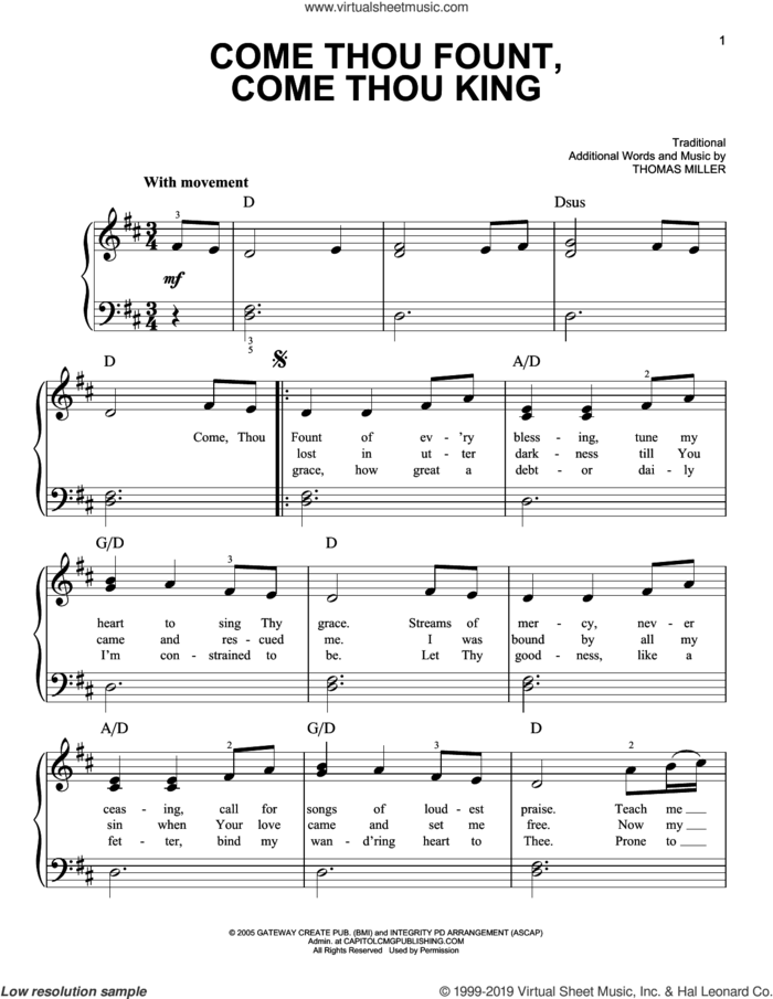 Come Thou Fount, Come Thou King, (beginner) sheet music for piano solo by Thomas Miller and Miscellaneous, beginner skill level