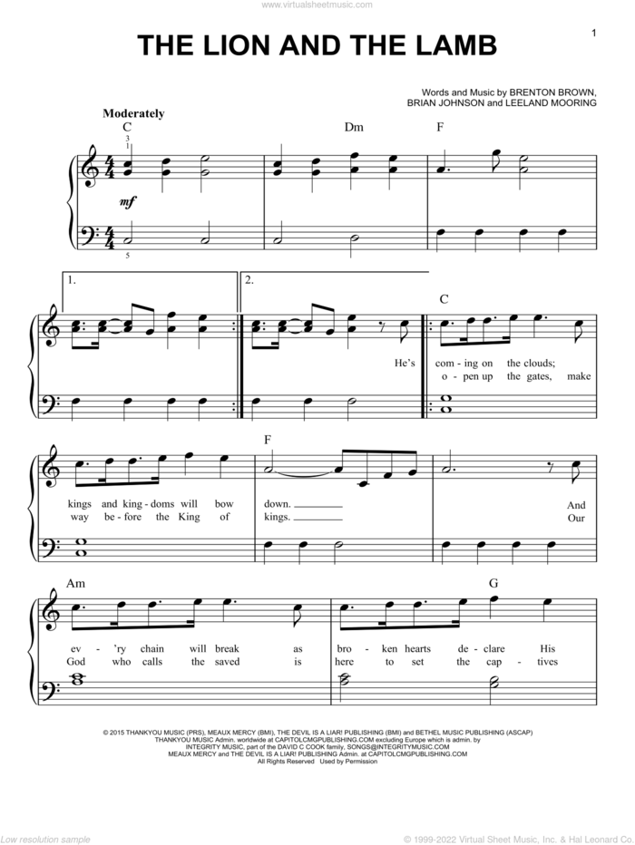 The Lion And The Lamb sheet music for piano solo by Big Daddy Weave, Brenton Brown, Brian Johnson and Leeland Mooring, beginner skill level