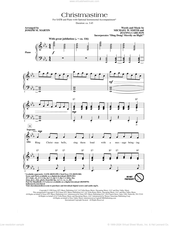 Christmastime (arr. Joseph M. Martin) sheet music for choir (SATB: soprano, alto, tenor, bass) by Michael W. Smith, Joseph M. Martin, Joanna Carlson and Michael W. Smith & Joanna Carlson, intermediate skill level