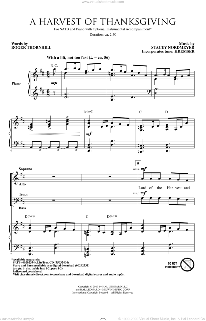 A Harvest Of Thanksgiving sheet music for choir (SATB: soprano, alto, tenor, bass) by Roger Thornhill, Roger Thornhill & Stacey Nordmeyer and Stacey Nordmeyer, intermediate skill level