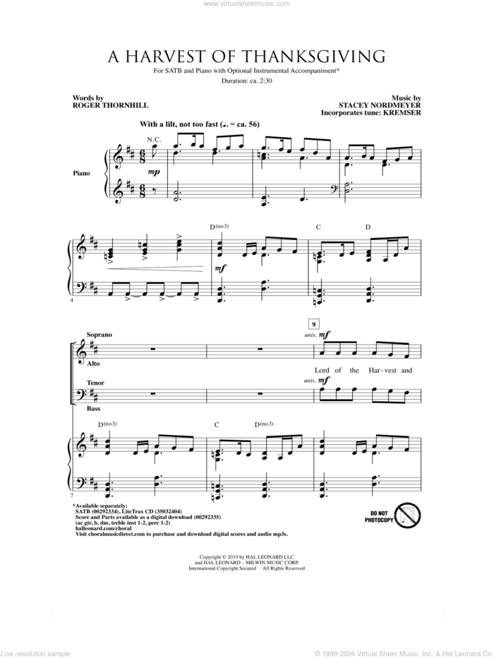 A Harvest Of Thanksgiving sheet music for choir (SATB: soprano, alto, tenor, bass) by Roger Thornhill, Roger Thornhill & Stacey Nordmeyer and Stacey Nordmeyer, intermediate skill level