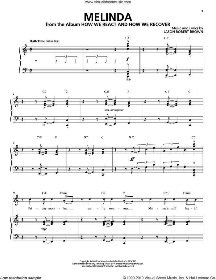 Melinda (from How We React And How We Recover) sheet music for voice and piano by Jason Robert Brown, intermediate skill level