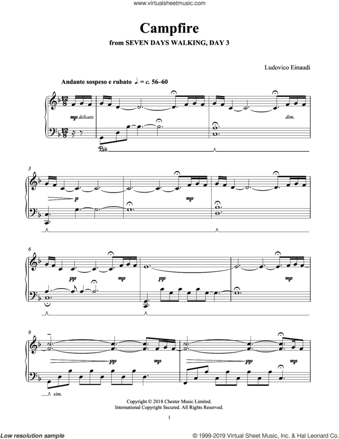 Campfire (from Seven Days Walking: Day 3) sheet music for piano solo by Ludovico Einaudi, classical score, intermediate skill level