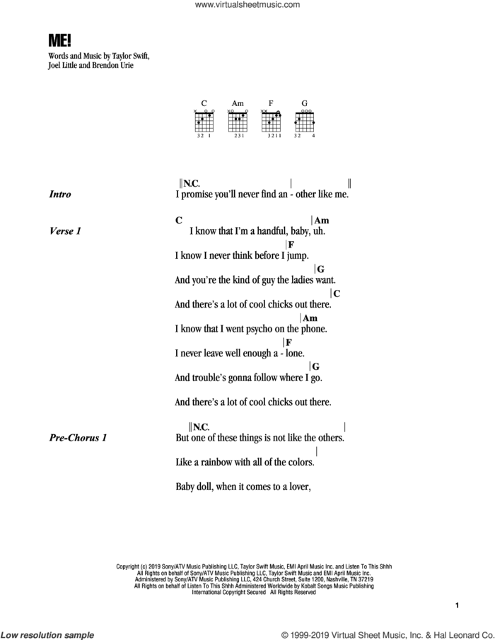 ME! (feat. Brendon Urie of Panic! At The Disco) sheet music for guitar (chords) by Taylor Swift, Brendon Urie and Joel Little, intermediate skill level