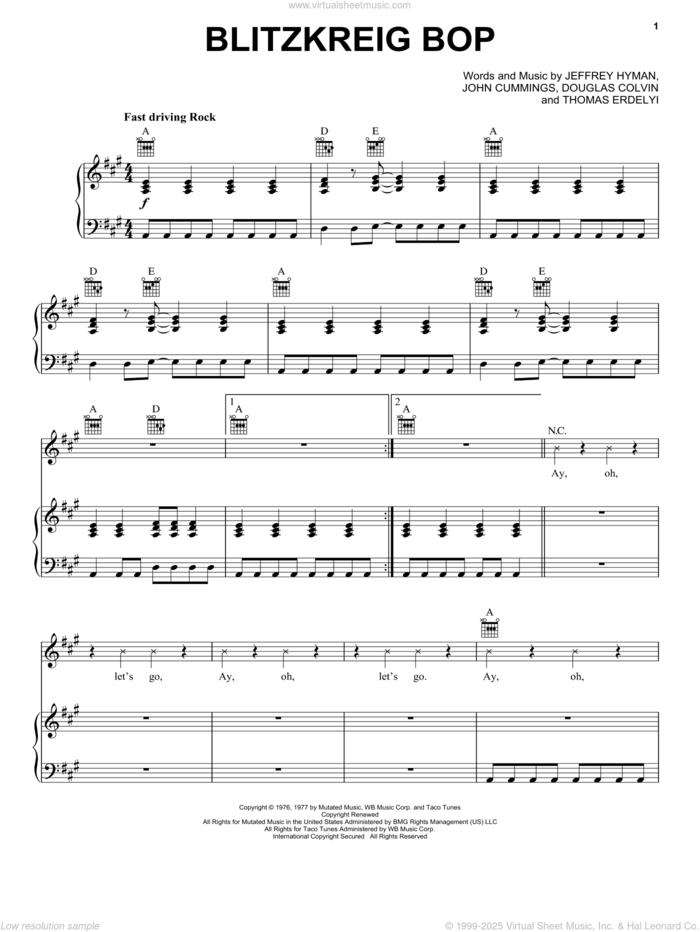 Blitzkrieg Bop sheet music for voice, piano or guitar by The Ramones, Douglas Colvin, Jeffrey Hyman, John Cummings and Thomas Erdelyi, intermediate skill level