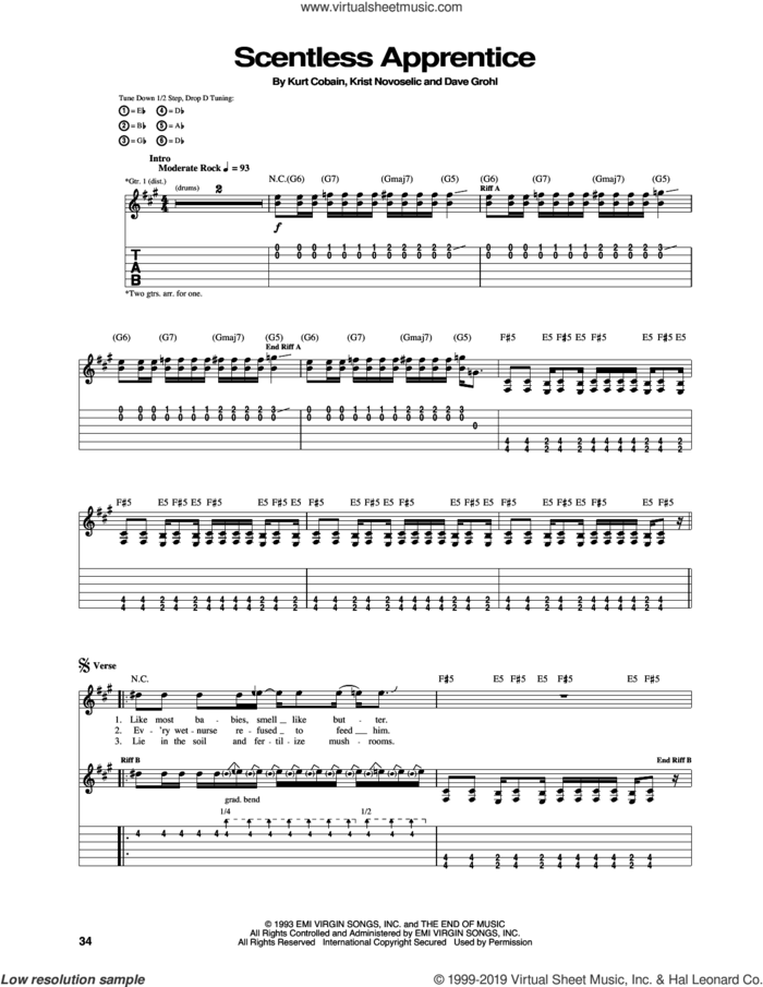 Scentless Apprentice sheet music for guitar (tablature) by Nirvana, Dave Grohl, Krist Novoselic and Kurt Cobain, intermediate skill level
