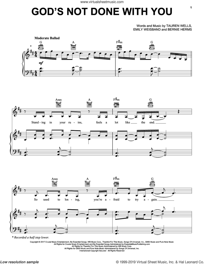 God's Not Done With You sheet music for voice, piano or guitar by Tauren Wells, Bernie Herms and Emily Weisband, intermediate skill level