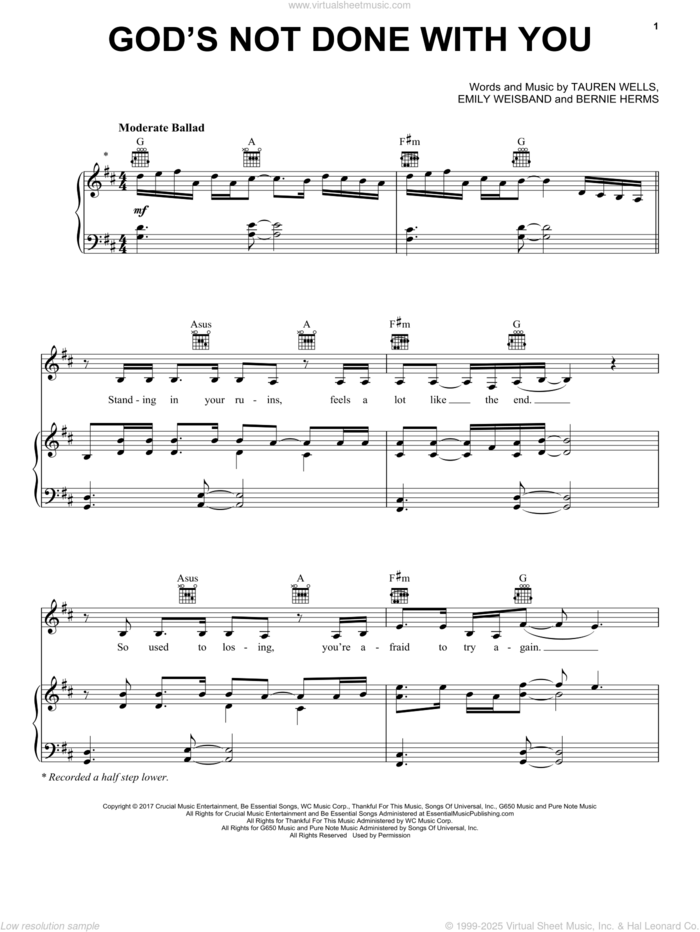 God's Not Done With You sheet music for voice, piano or guitar by Tauren Wells, Bernie Herms and Emily Weisband, intermediate skill level