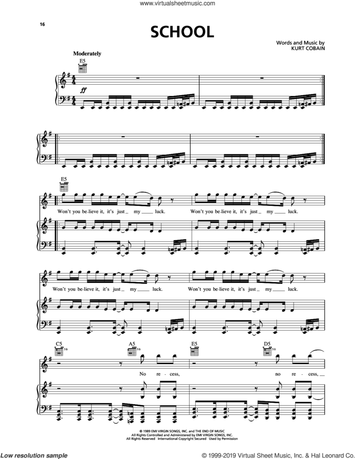 School sheet music for voice, piano or guitar by Nirvana and Kurt Cobain, intermediate skill level