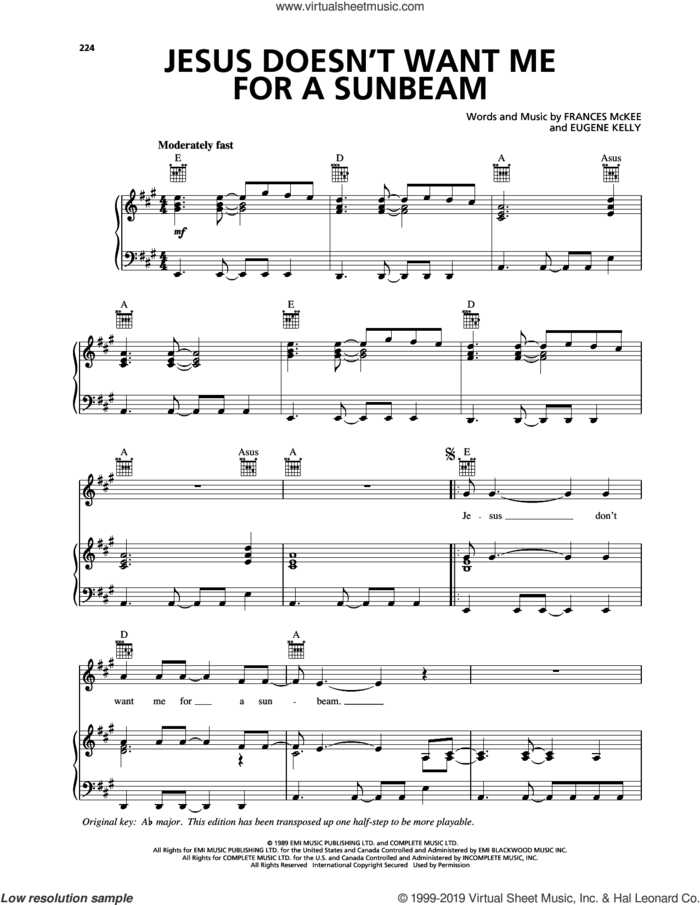 Jesus Doesn't Want Me For A Sunbeam sheet music for voice, piano or guitar by Nirvana, Eugene Kelly and Frances McKee, intermediate skill level