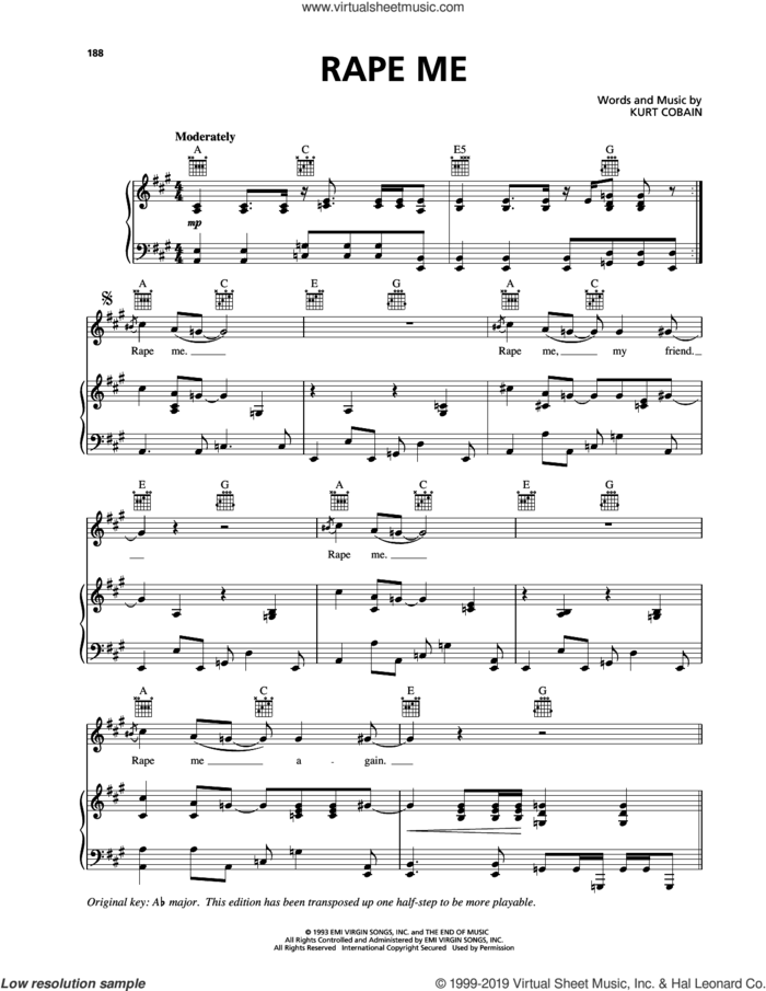 Rape Me sheet music for voice, piano or guitar by Nirvana and Kurt Cobain, intermediate skill level