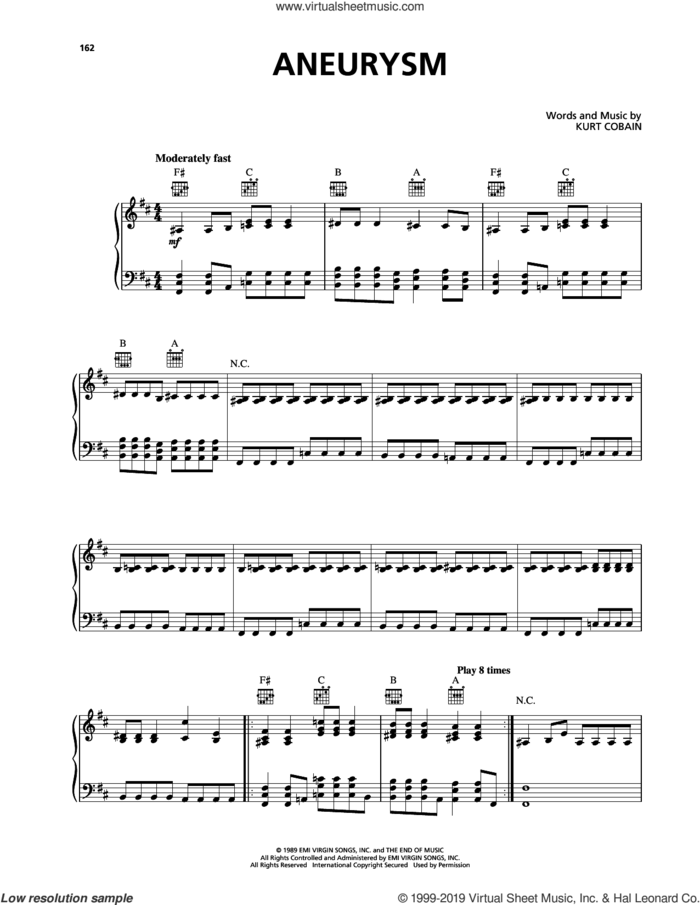 Aneurysm sheet music for voice, piano or guitar by Nirvana, Dave Grohl, Krist Novoselic and Kurt Cobain, intermediate skill level