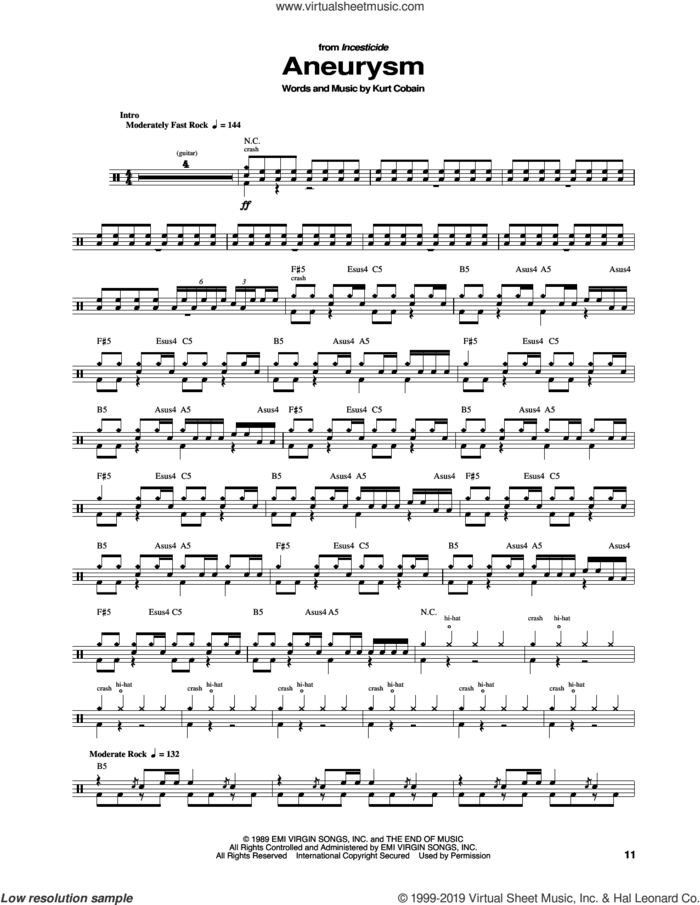 Aneurysm sheet music for drums by Nirvana, Dave Grohl, Krist Novoselic and Kurt Cobain, intermediate skill level