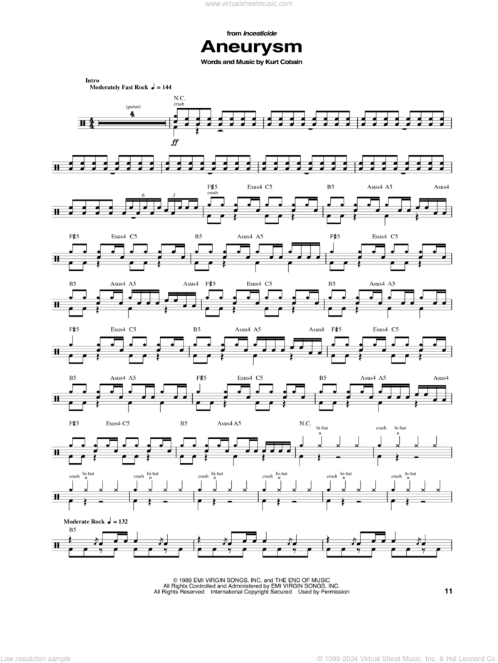 Aneurysm sheet music for drums by Nirvana, Dave Grohl, Krist Novoselic and Kurt Cobain, intermediate skill level