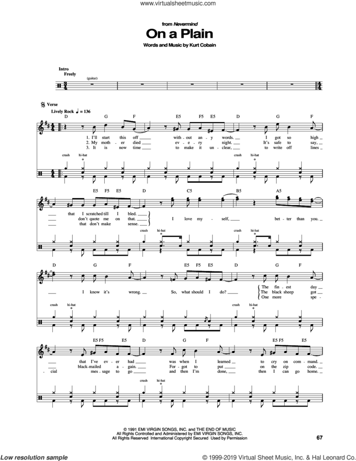 On A Plain sheet music for drums by Nirvana and Kurt Cobain, intermediate skill level