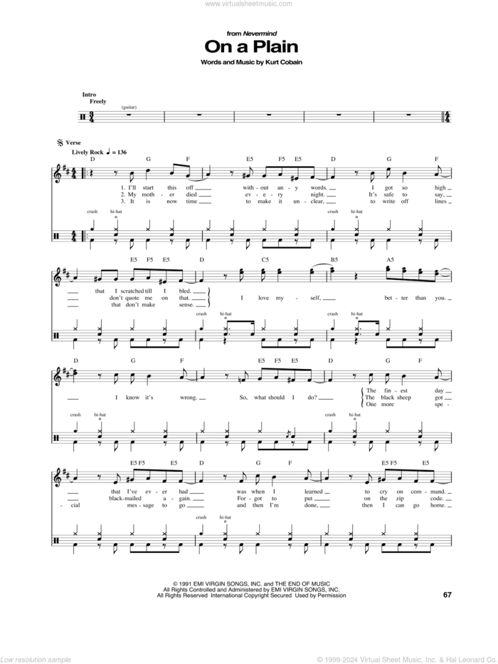 On A Plain sheet music for drums by Nirvana and Kurt Cobain, intermediate skill level