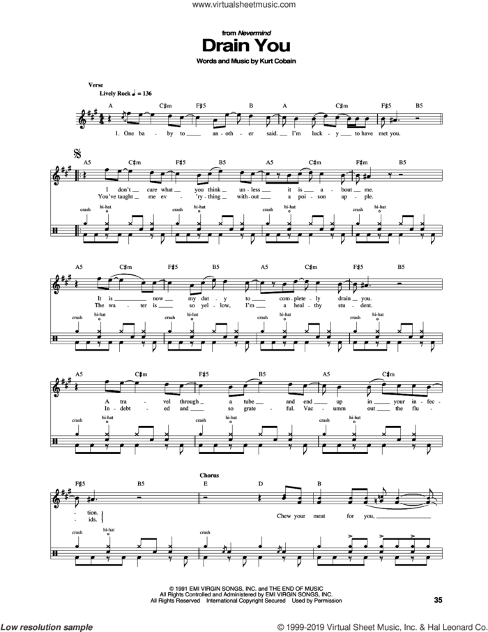 Drain You sheet music for drums by Nirvana and Kurt Cobain, intermediate skill level