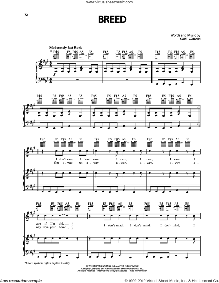 Breed sheet music for voice, piano or guitar by Nirvana and Kurt Cobain, intermediate skill level