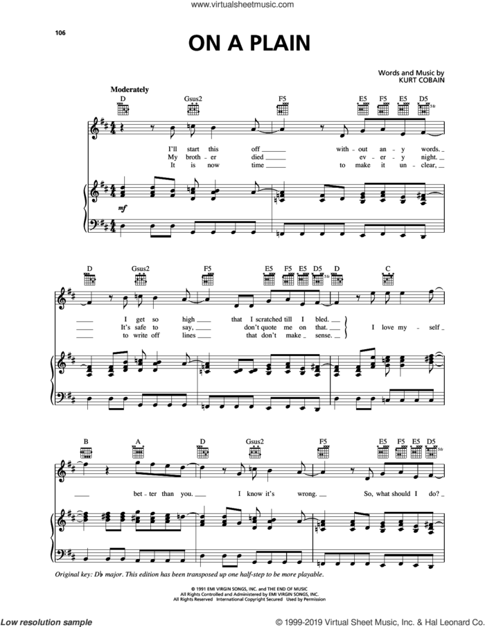 On A Plain sheet music for voice, piano or guitar by Nirvana and Kurt Cobain, intermediate skill level