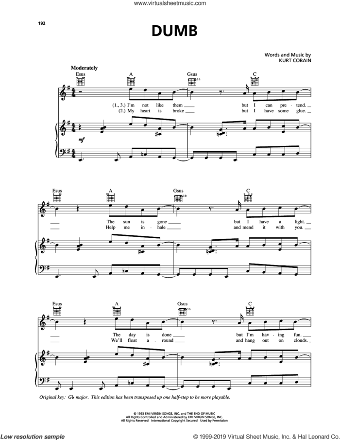 Dumb sheet music for voice, piano or guitar by Nirvana and Kurt Cobain, intermediate skill level
