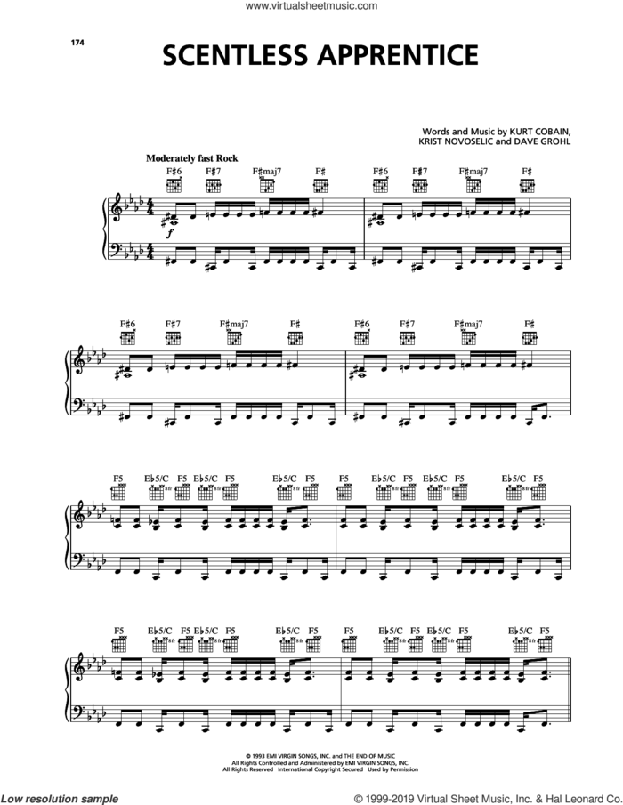 Scentless Apprentice sheet music for voice, piano or guitar by Nirvana, Dave Grohl, Krist Novoselic and Kurt Cobain, intermediate skill level