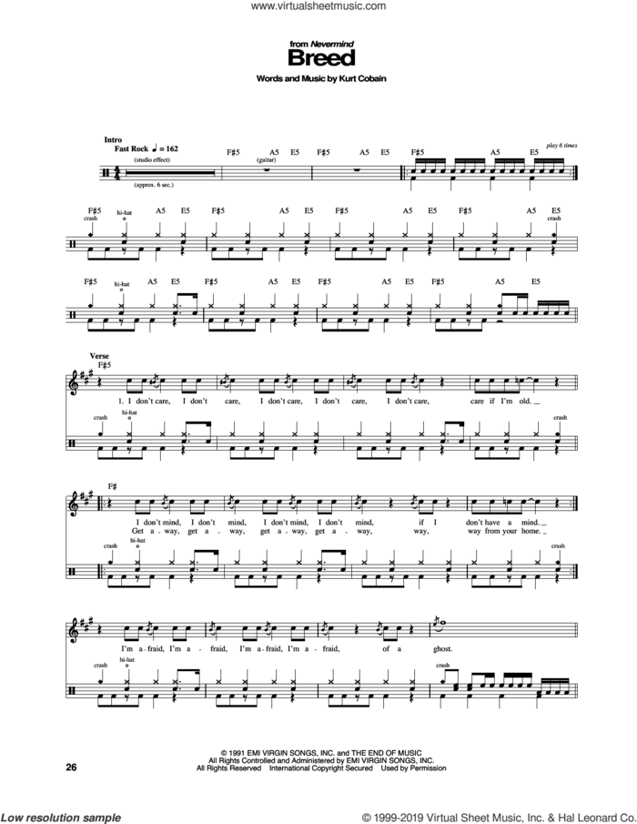 Breed sheet music for drums by Nirvana and Kurt Cobain, intermediate skill level