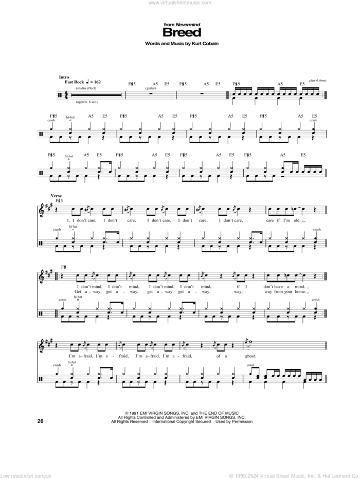 Breed sheet music for drums by Nirvana and Kurt Cobain, intermediate skill level