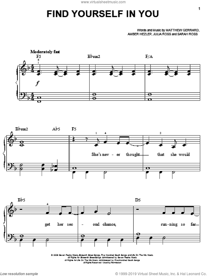 Find Yourself In You sheet music for piano solo by Everlife, Hannah Montana, Amber Hezlep, Julia Ross, Matthew Gerrard and Sarah Ross, easy skill level