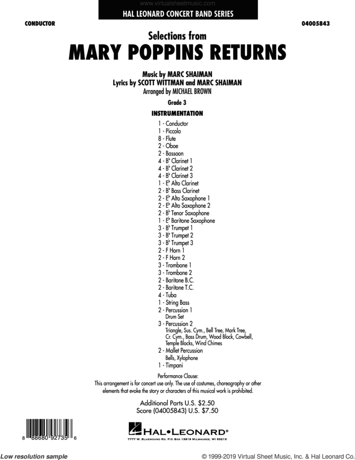 Selections from Mary Poppins Returns (arr. Michael Brown) (COMPLETE) sheet music for concert band by Michael Brown, Marc Shaiman, Marc Shaiman & Scott Wittman and Scott Wittman, intermediate skill level