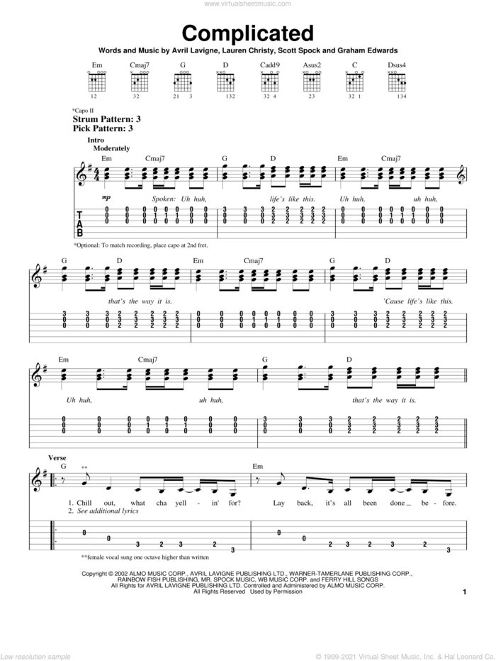 Complicated sheet music for guitar solo (chords) by Avril Lavigne, Lauren Christy and Scott Spock, easy guitar (chords)