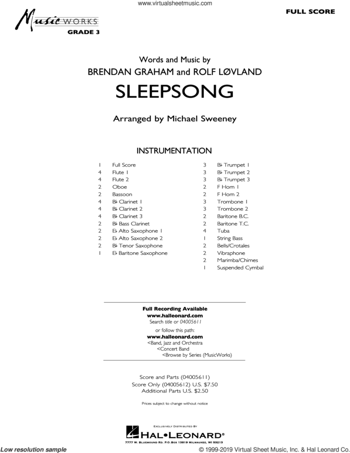 Sleepsong (arr. Michael Sweeney) (COMPLETE) sheet music for concert band by Michael Sweeney, Brendan Graham, Rolf Lovland and Secret Garden, classical score, intermediate skill level