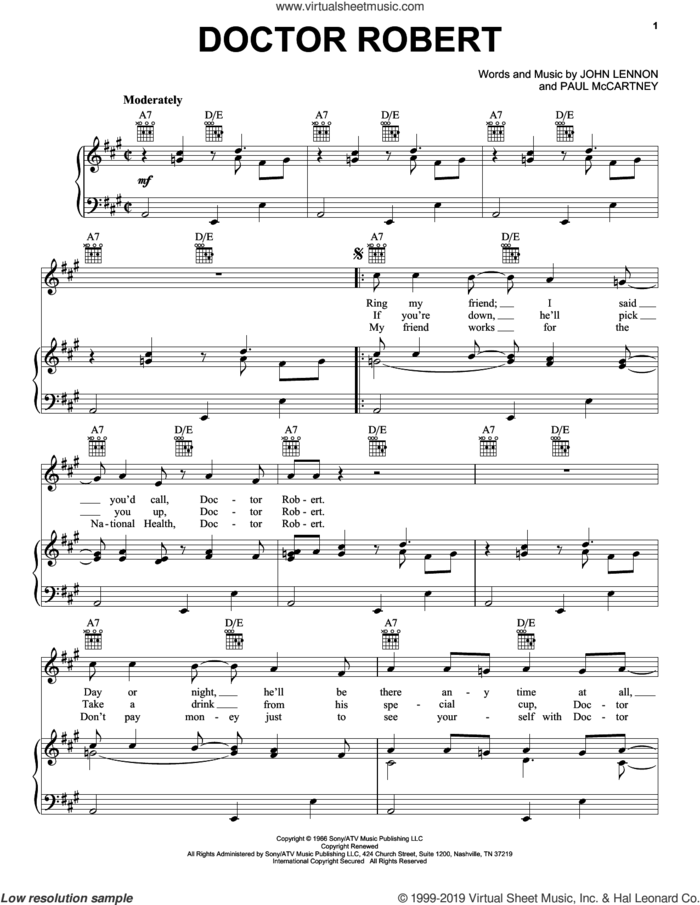 Doctor Robert sheet music for voice, piano or guitar by The Beatles, John Lennon and Paul McCartney, intermediate skill level