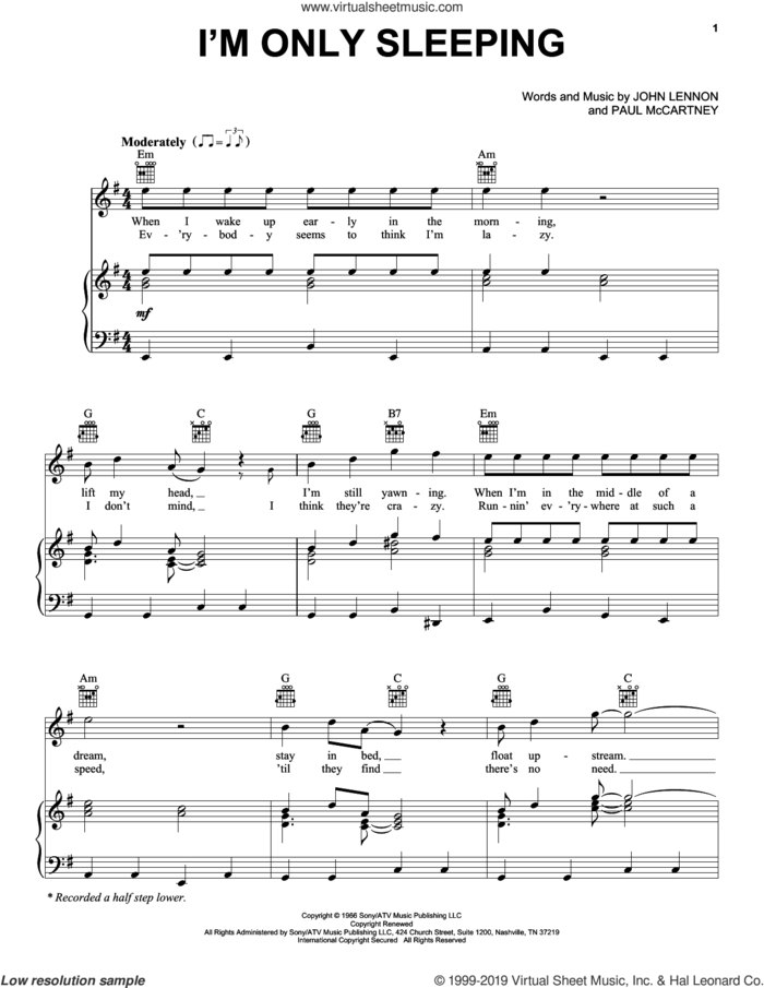 I'm Only Sleeping sheet music for voice, piano or guitar by The Beatles, John Lennon and Paul McCartney, intermediate skill level