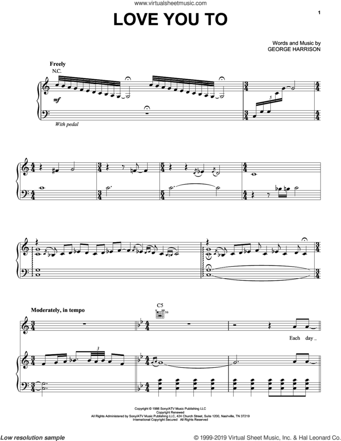 Love You To sheet music for voice, piano or guitar by The Beatles and George Harrison, intermediate skill level