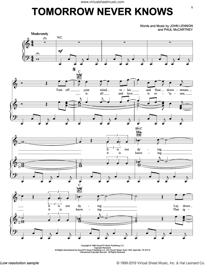 Tomorrow Never Knows sheet music for voice, piano or guitar by The Beatles, John Lennon and Paul McCartney, intermediate skill level