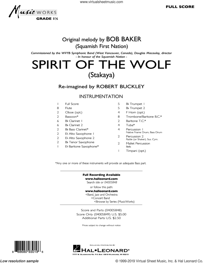 Spirit of the Wolf (Stakaya) (COMPLETE) sheet music for concert band by Robert Buckley and Bob Baker, intermediate skill level