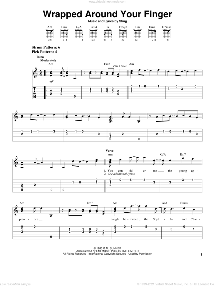 Wrapped Around Your Finger sheet music for guitar solo (easy tablature) by The Police and Sting, easy guitar (easy tablature)