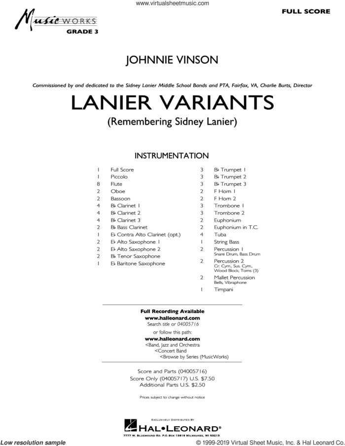 Lanier Variants (COMPLETE) sheet music for concert band by Johnnie Vinson, intermediate skill level