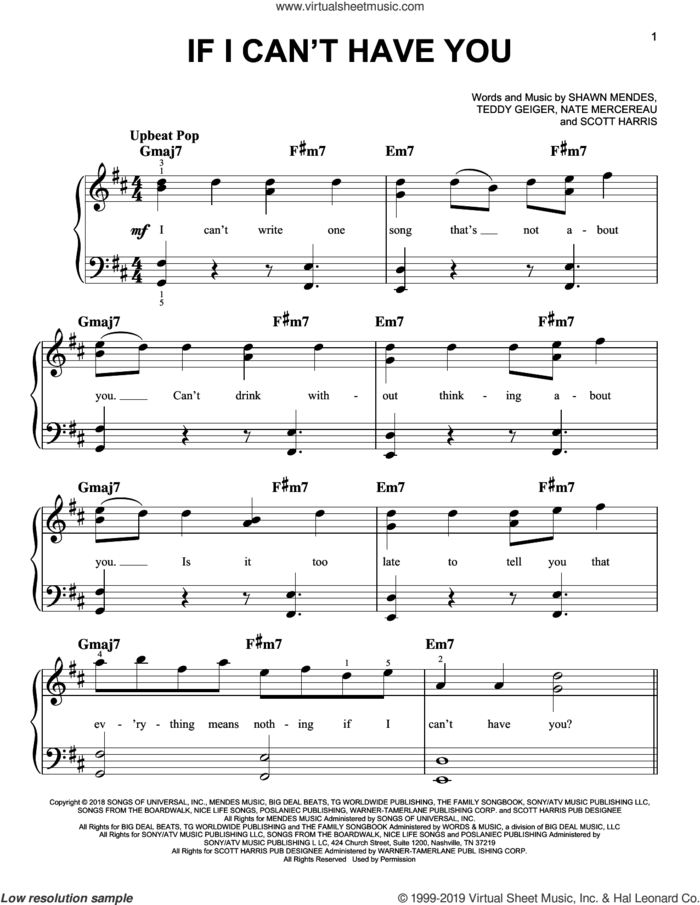 If I Can't Have You sheet music for piano solo by Shawn Mendes, Nate Mercereau, Scott Harris and Teddy Geiger, easy skill level