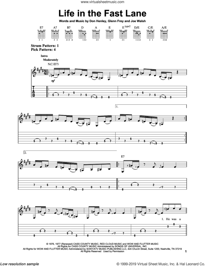 Life In The Fast Lane sheet music for guitar solo (easy tablature) by The Eagles, Don Henley, Glenn Frey and Joe Walsh, easy guitar (easy tablature)