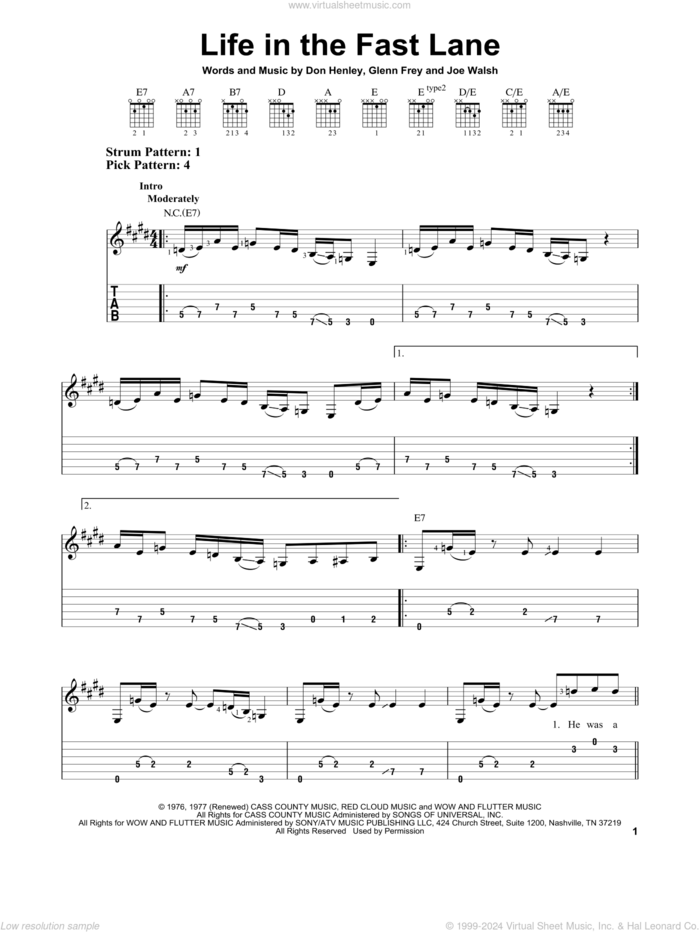 Life In The Fast Lane sheet music for guitar solo (easy tablature) by The Eagles, Don Henley, Glenn Frey and Joe Walsh, easy guitar (easy tablature)