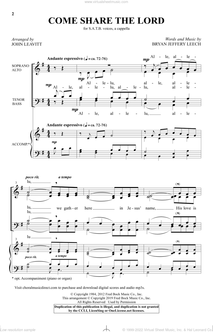 Come, Share The Lord (arr. John Leavitt) sheet music for choir (SATB: soprano, alto, tenor, bass) by Bryan Jeffery Leech and John Leavitt, intermediate skill level