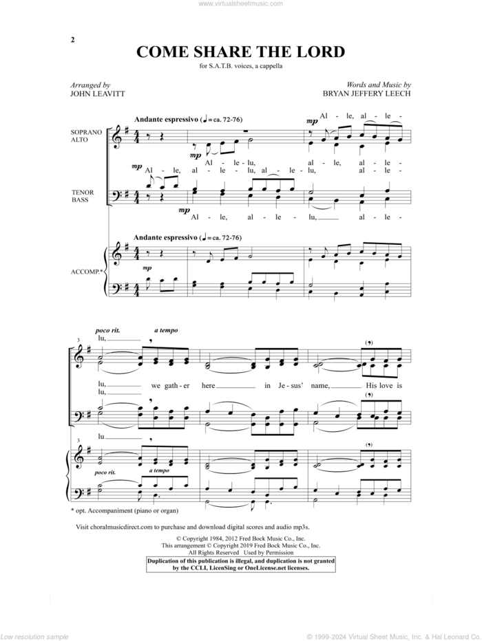 Come, Share The Lord (arr. John Leavitt) sheet music for choir (SATB: soprano, alto, tenor, bass) by Bryan Jeffery Leech and John Leavitt, intermediate skill level