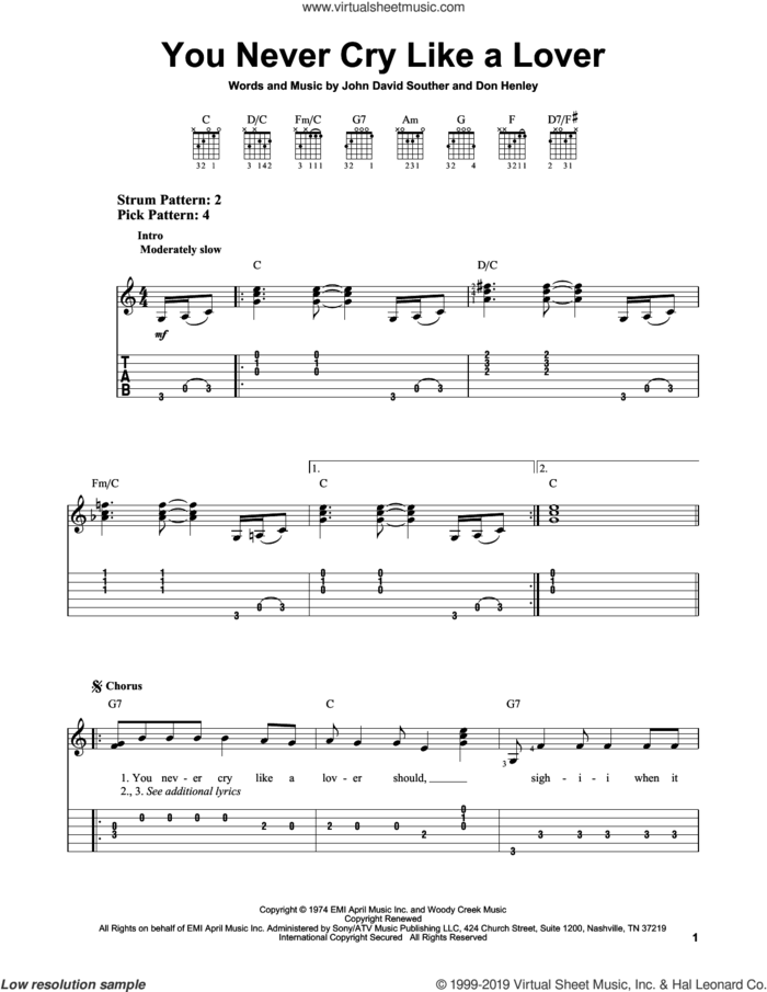 You Never Cry Like A Lover sheet music for guitar solo (easy tablature) by The Eagles, Don Henley and John David Souther, easy guitar (easy tablature)