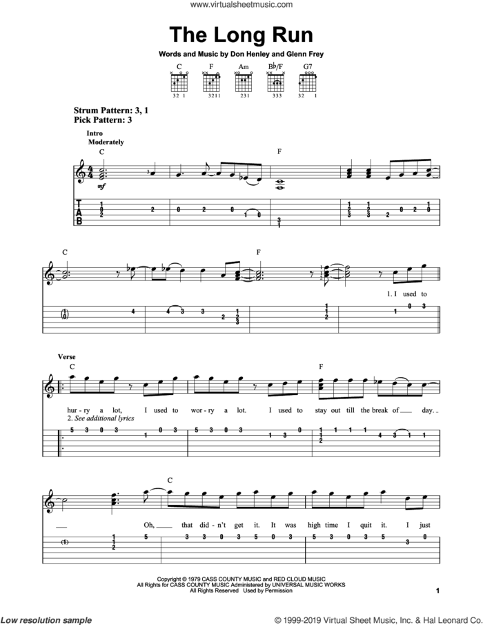 The Long Run sheet music for guitar solo (easy tablature) by The Eagles, Don Henley and Glenn Frey, easy guitar (easy tablature)
