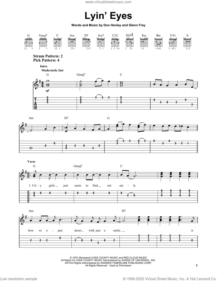 Lyin' Eyes sheet music for guitar solo (easy tablature) by The Eagles, Don Henley and Glenn Frey, easy guitar (easy tablature)